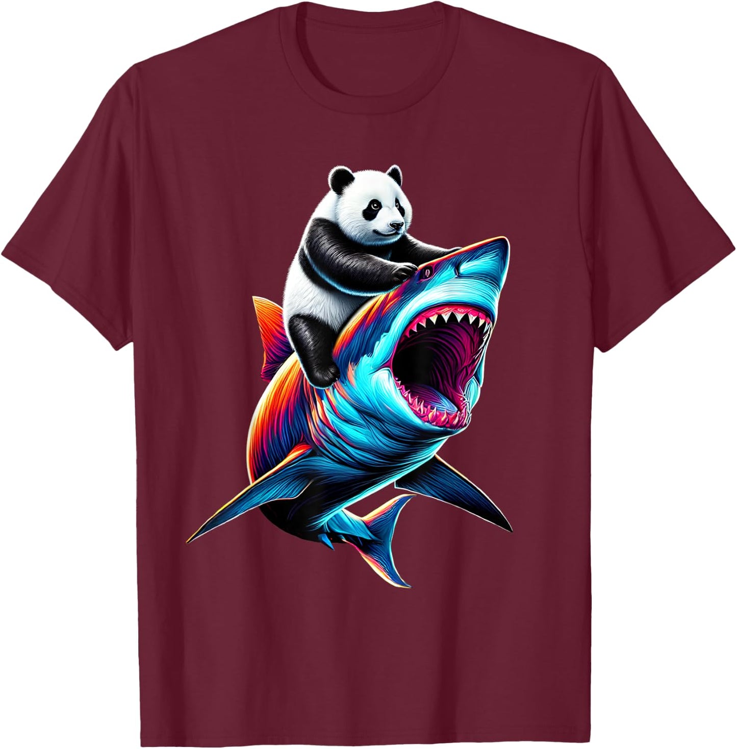 Funny Panda Riding Shark Panda Lover T-Shirt - T-Shirt | Maroon