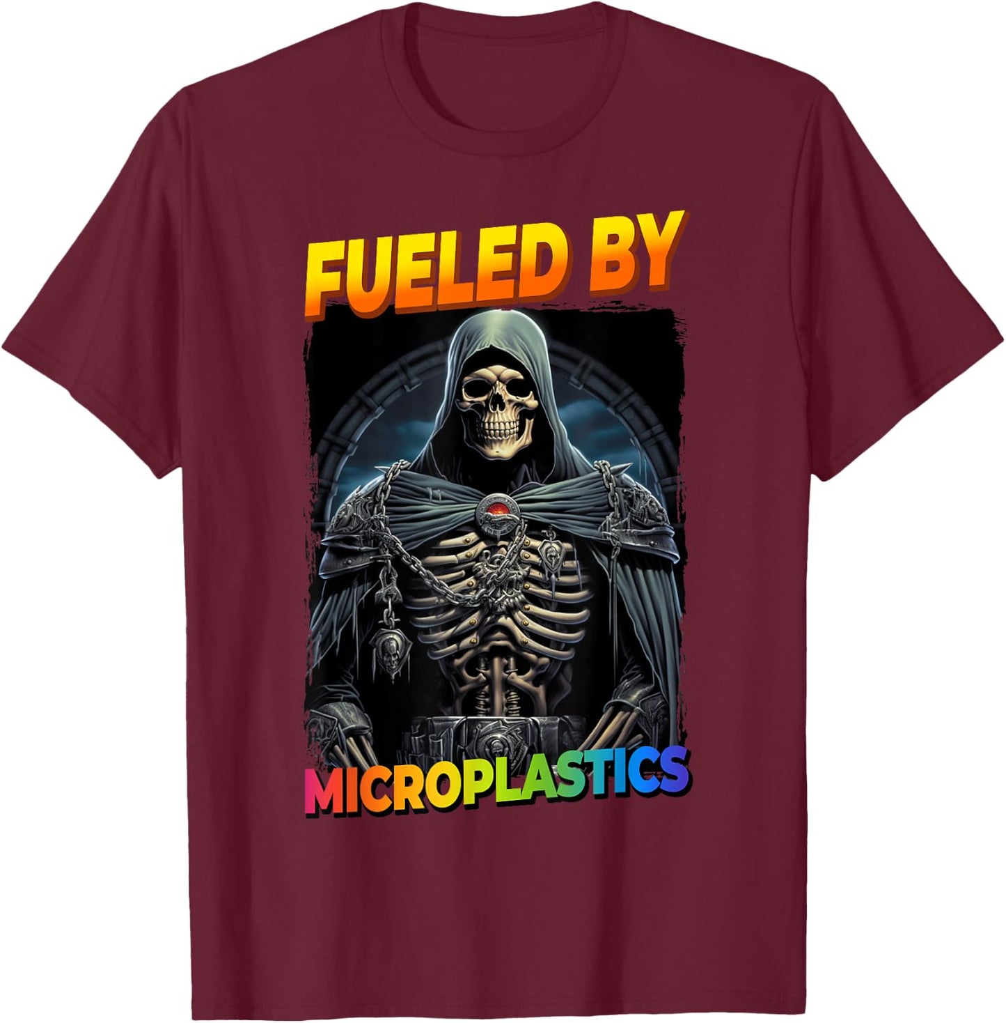 Fueled By Microplastics Cringe Skeleton T-Shirt - T-Shirt | Maroon