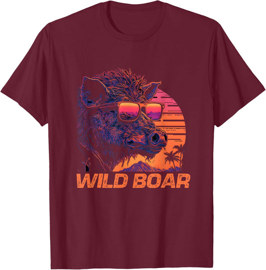 Cool Retro Sunset Sunglasses Wild Boar T-Shirt - T-Shirt | Maroon