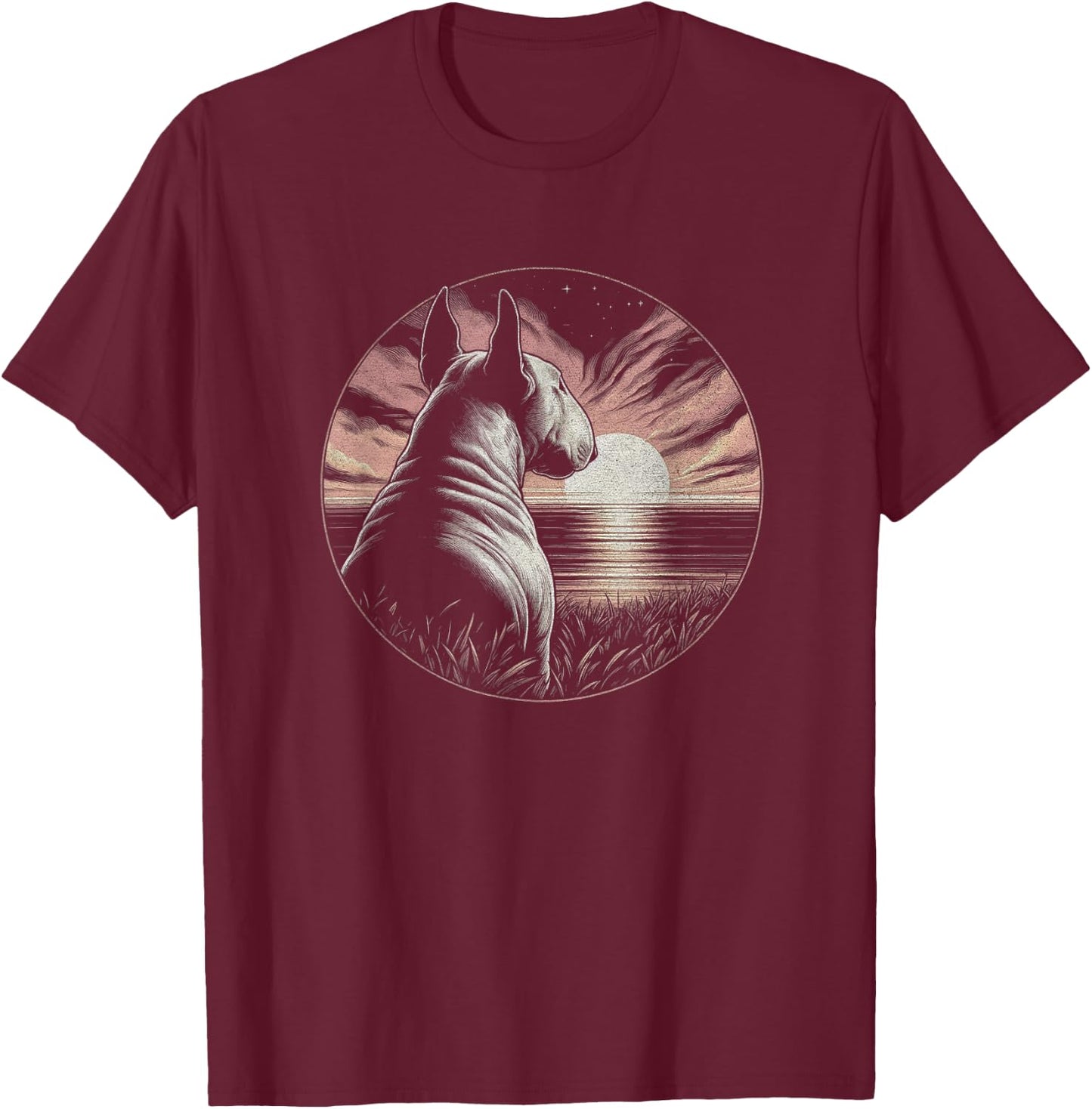 Vintage Bull Terrier Dog Retro Sunset Scene Art Design T-Shirt - T-Shirt | Maroon