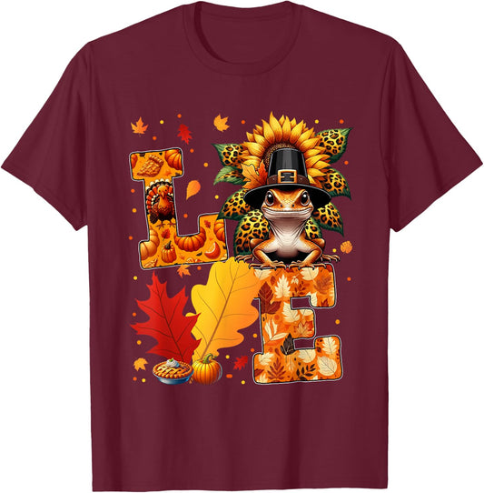LOVE Thanksgiving Gecko Costume Fall Leaves Sunflower T-Shirt - T-Shirt | Maroon