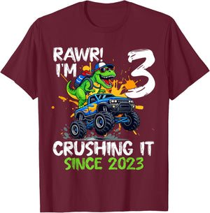 I'm 3 Crushing It Since 2023 Kids 3rd Birthday Monster Truck T-Shirt - T-Shirt | Maroon