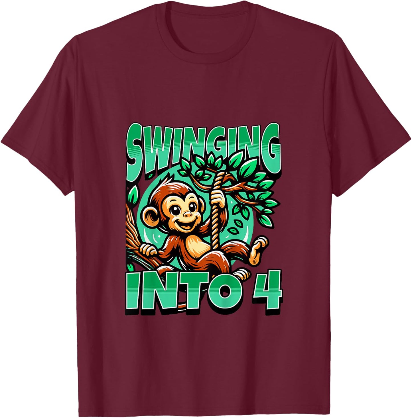 Kids Monkey Swinging Into 4 Year Old 4th Birthday Boy Girl T-Shirt - T-Shirt | Maroon