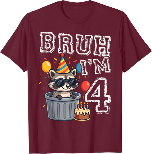 Bruh I'm 4 Raccoon 4th Birthday Kids T-Shirt - T-Shirt | Maroon