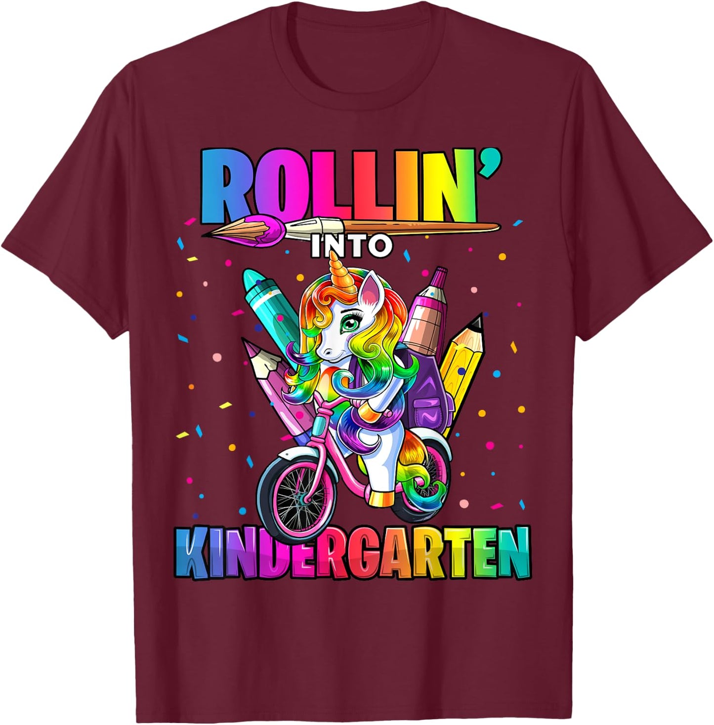 Kindergarten Unicorn Back to School First Day of School Girl T-Shirt - T-Shirt | Maroon