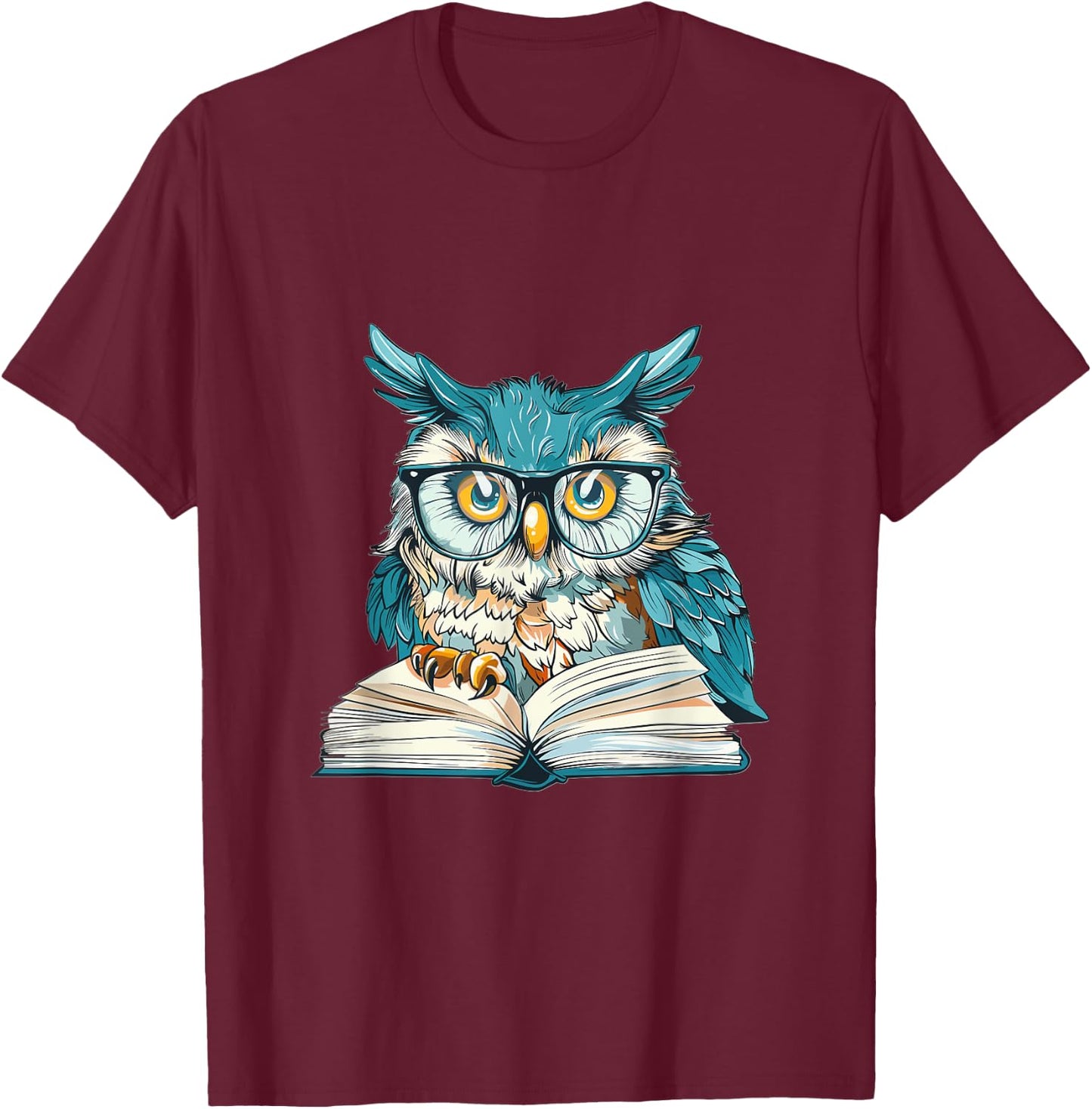 Owl with Books Lover Graphic T-Shirt - T-Shirt | Maroon