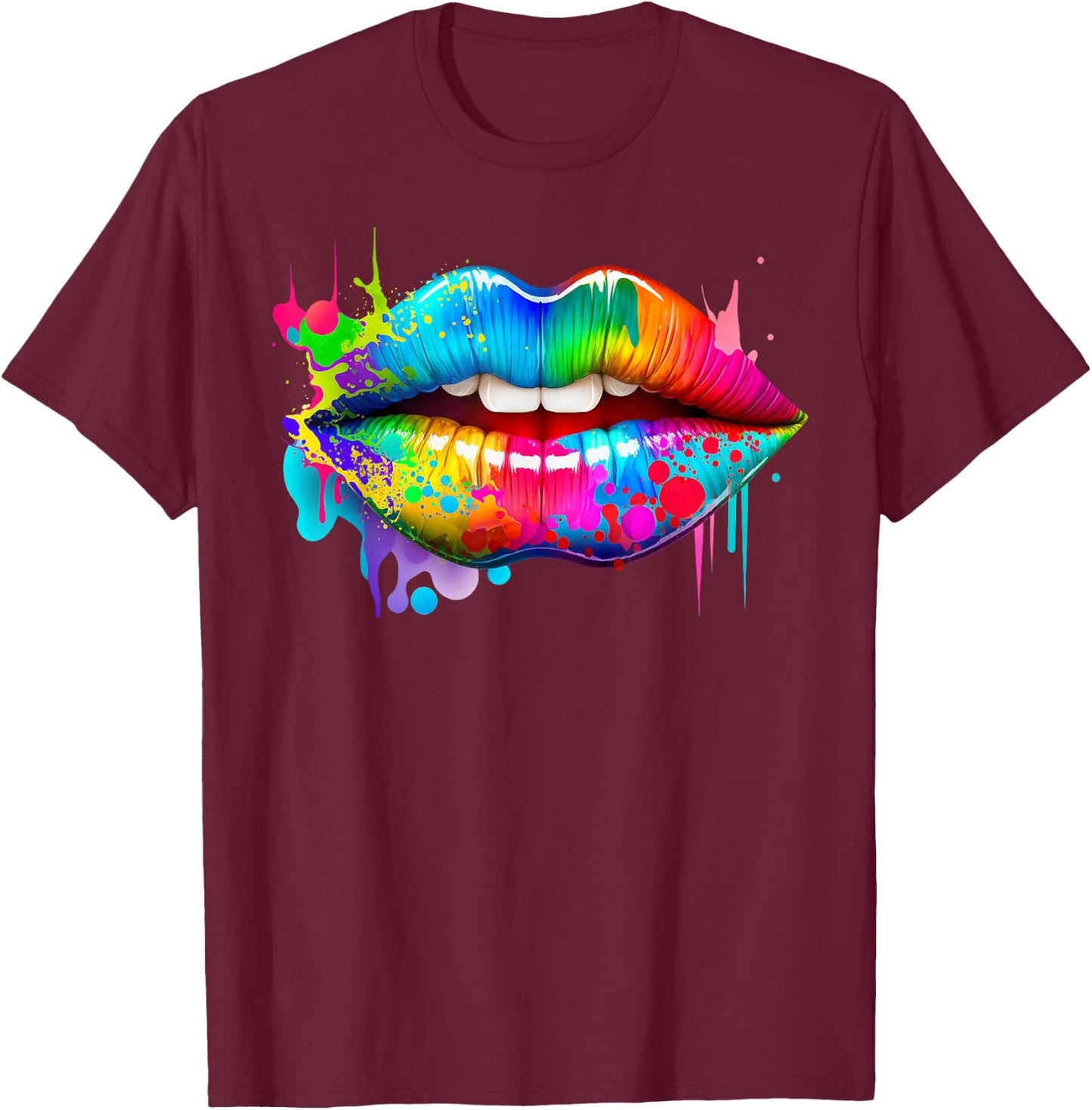 Colorful Lips Trendy Kiss Mouth Women Bright Mouth Dripping T-Shirt - T-Shirt | Maroon