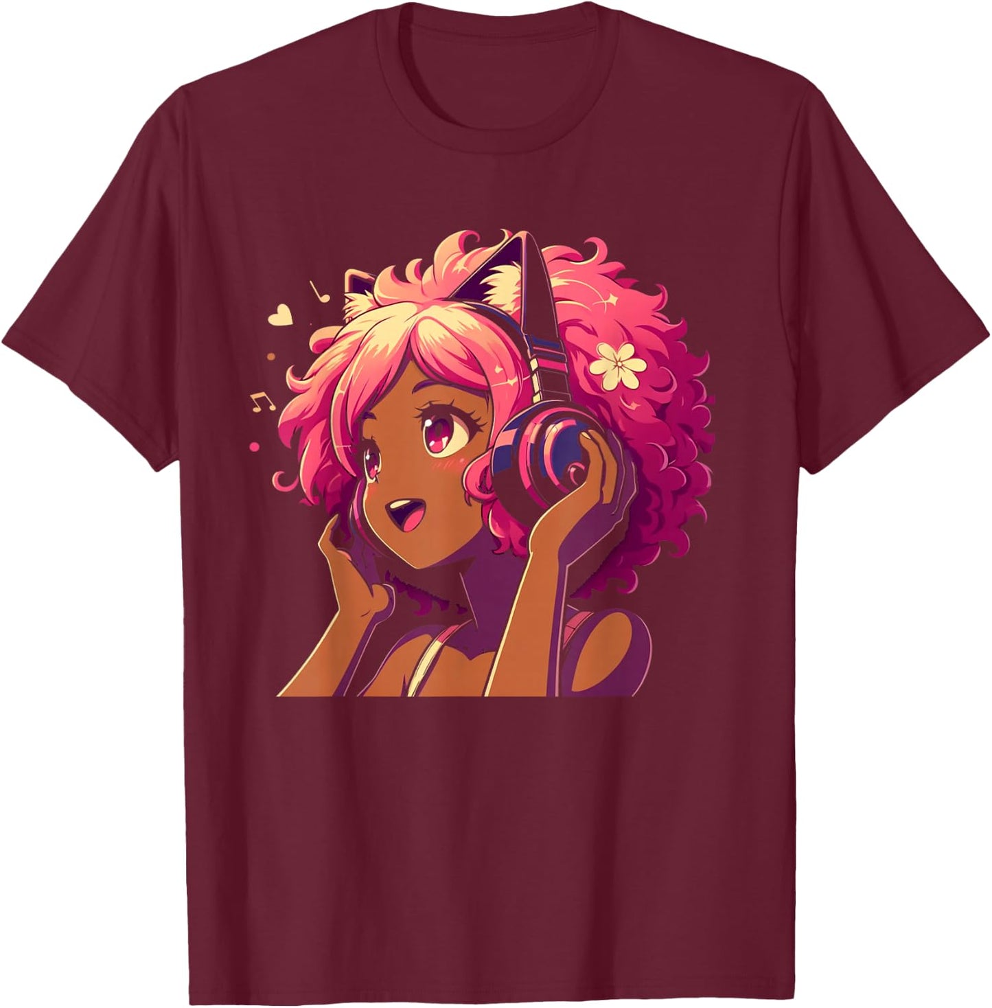Anime and Music Black Girl Anime Merch Afro African American T-Shirt - T-Shirt | Maroon