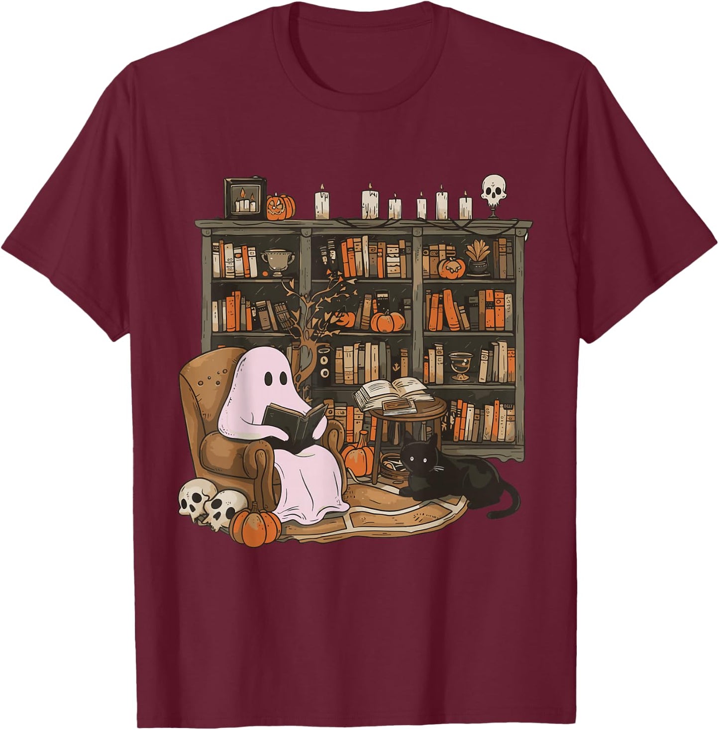 Ghost Reading Book Cat lover Halloween Reading enthusiast T-Shirt - T-Shirt | Maroon