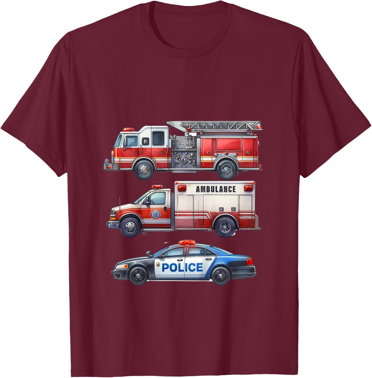 Kids Emergency Rescue Vehicle Boy Fire Truck Police Car Ambulance T-Shirt - T-Shirt | Maroon