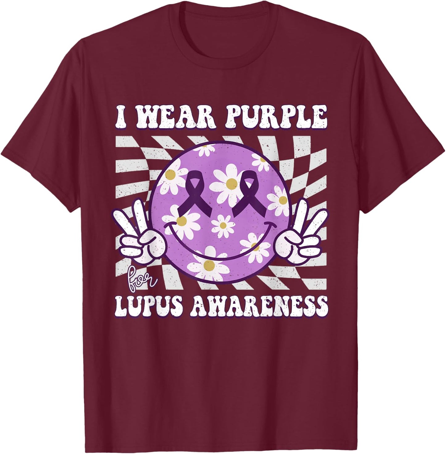 Retro Lupus Awareness Smile Hippie Checkered Purple Ribbon T-Shirt - T-Shirt | Maroon