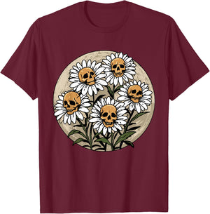 Skull Shirt Spooky Daisy Flower Creepy Skull Daisies T-Shirt - T-Shirt | Maroon