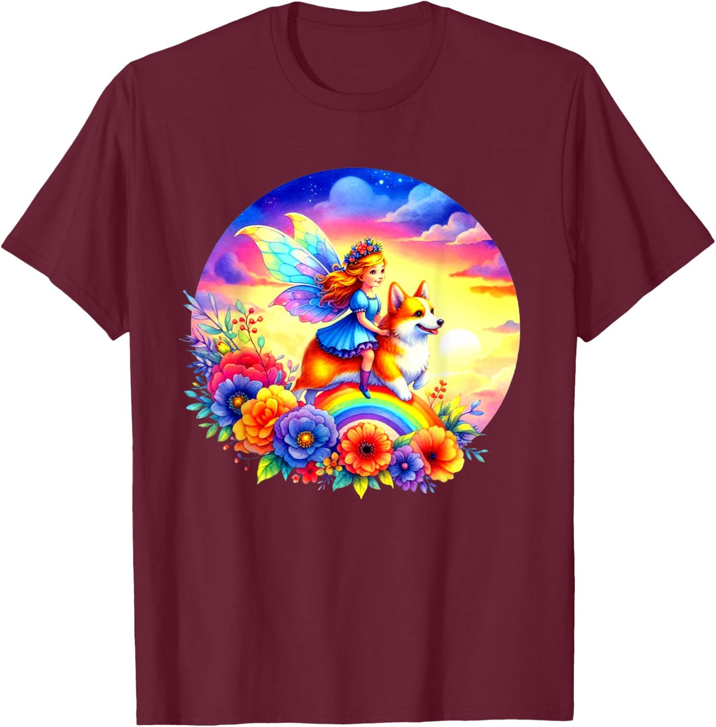 Fairy Riding Corgi Dog Rainbow Flowers Corgi Dog Lovers Art T-Shirt - T-Shirt | Maroon