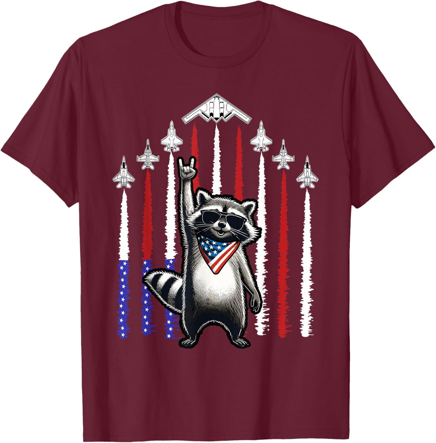 4th of July USA Flag Fighter Jets Raccoon Funny Patriotic T-Shirt - T-Shirt | Maroon