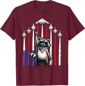 4th of July USA Flag Fighter Jets Raccoon Funny Patriotic T-Shirt - T-Shirt | Maroon