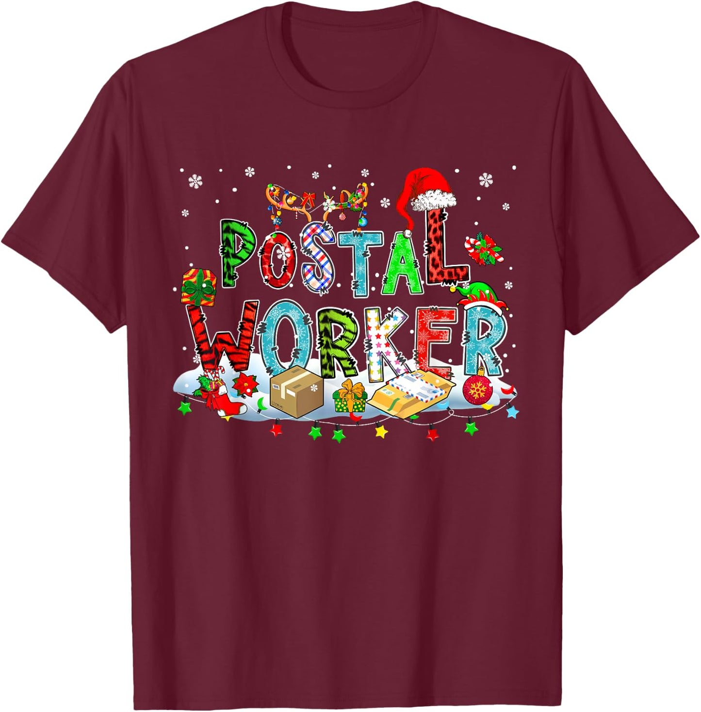 Postal Worker Xmas Leopard Plaid Santa Reindeer Elf Lover T-Shirt - T-Shirt | Maroon