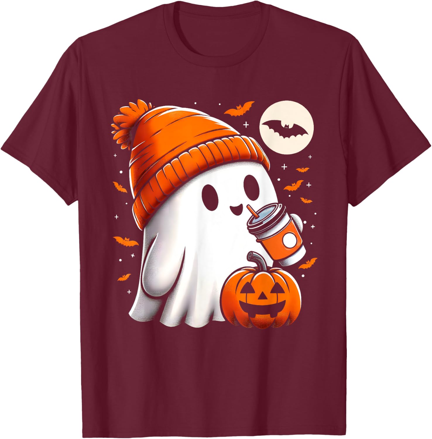 Halloween Shirts Ghost Drinking Coffee Halloween T-Shirt - T-Shirt | Maroon