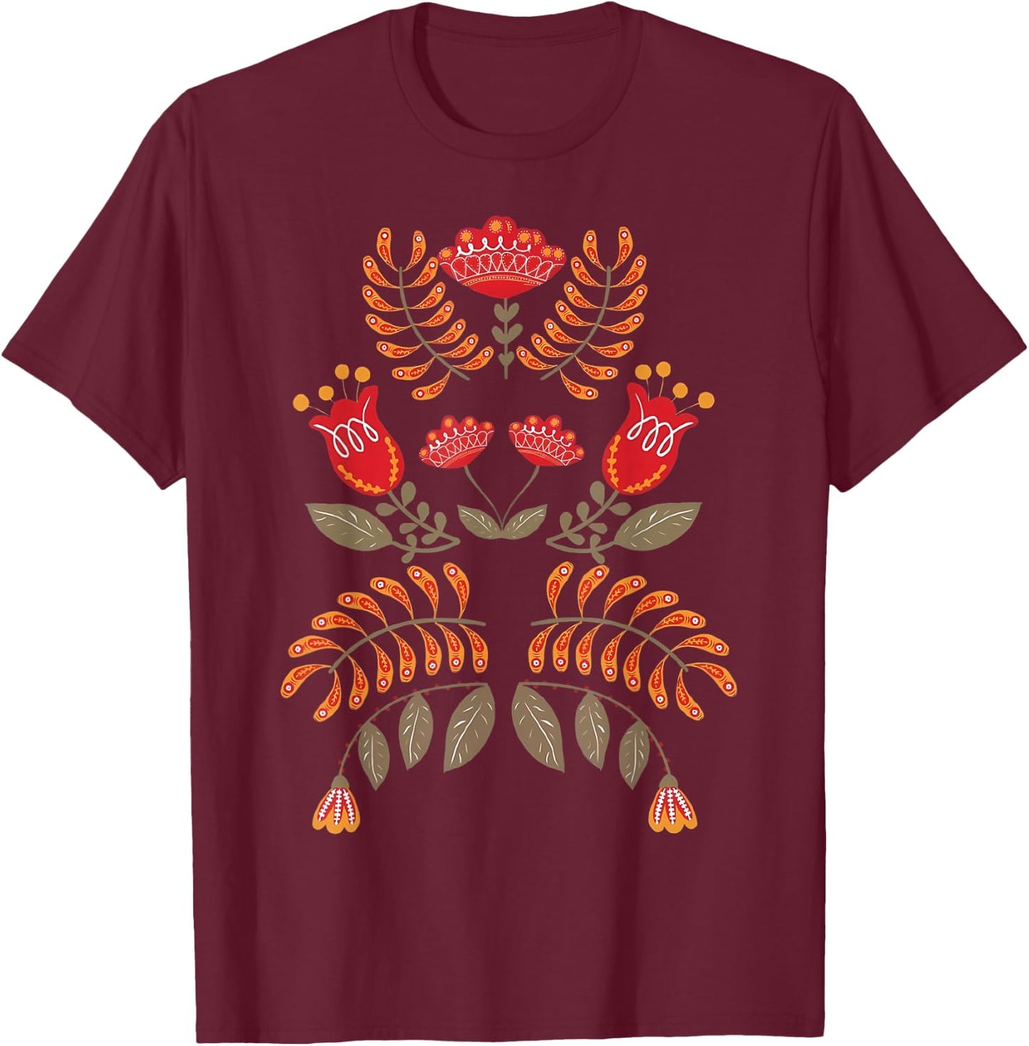 Vintage Flower Scandinavian Folk Art Botanical Mystical T-Shirt - T-Shirt | Maroon