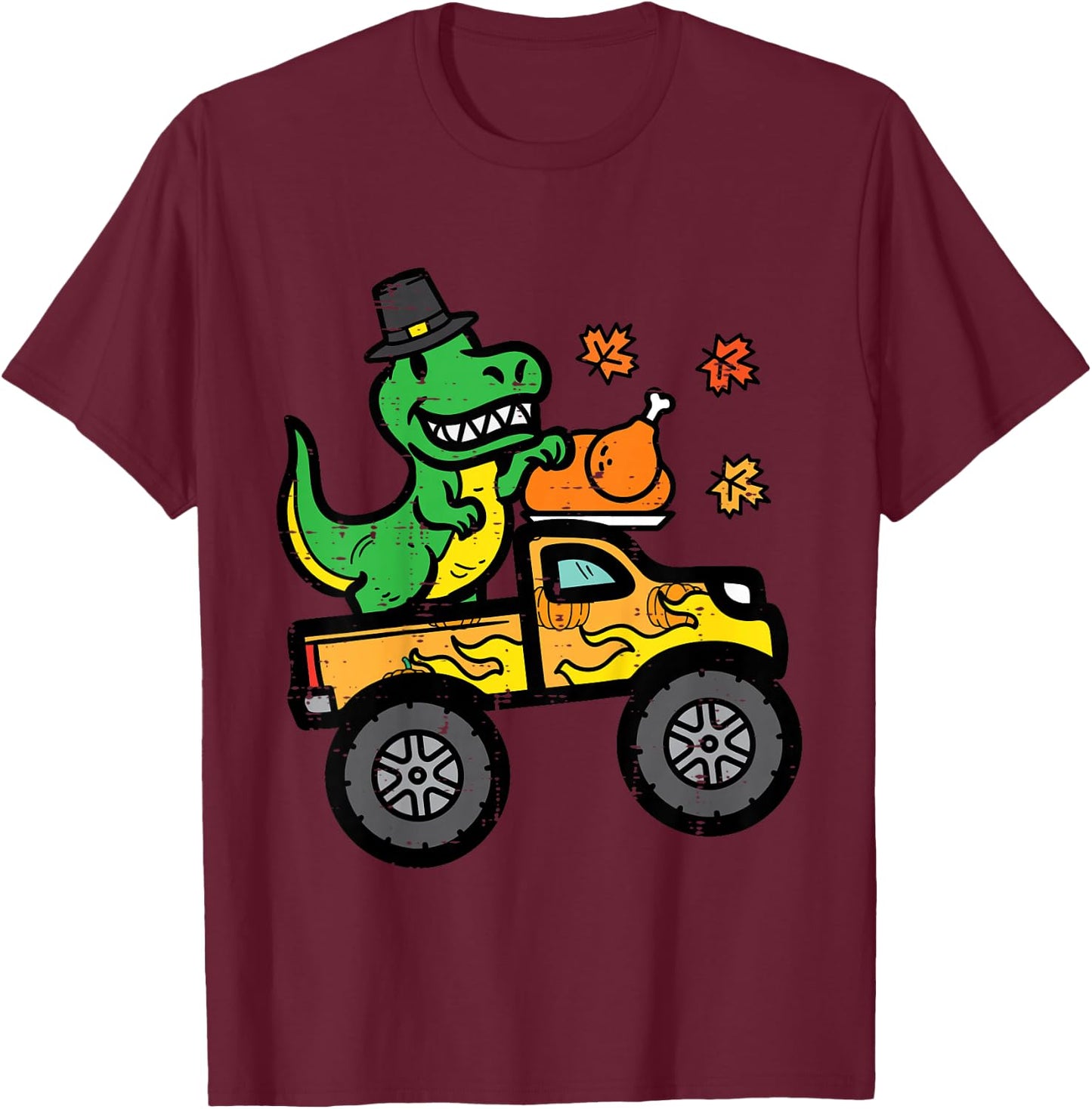 Kids Thanksgiving Dino Monster Truck Fall Trex Toddler Boys Kids T-Shirt - T-Shirt | Maroon