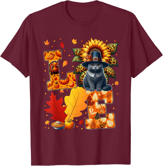 LOVE Thanksgiving Russian Blue Cat Costume Fall Leaves Women Kids T-Shirt - T-Shirt | Maroon