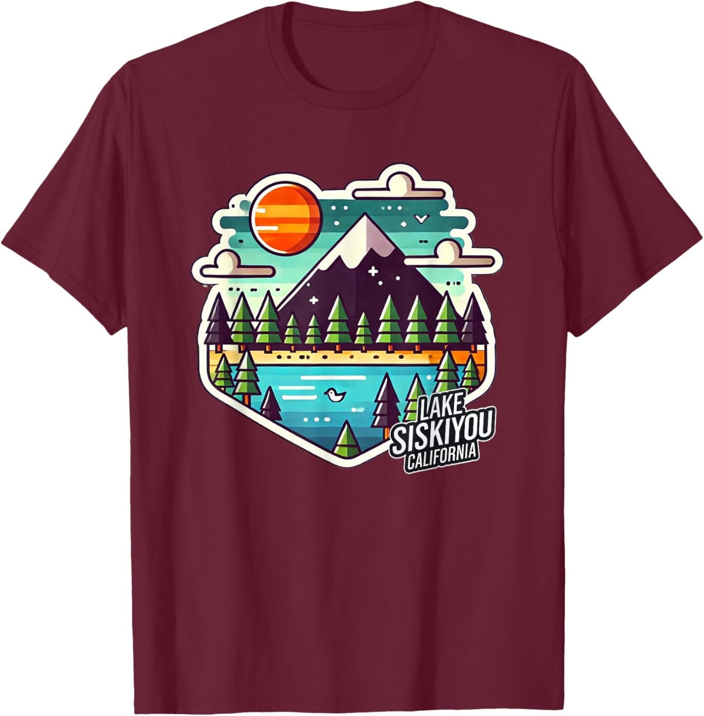 Lake Siskiyou Northern California Mt. Shasta Digital Pixel T-Shirt - T-Shirt | Maroon