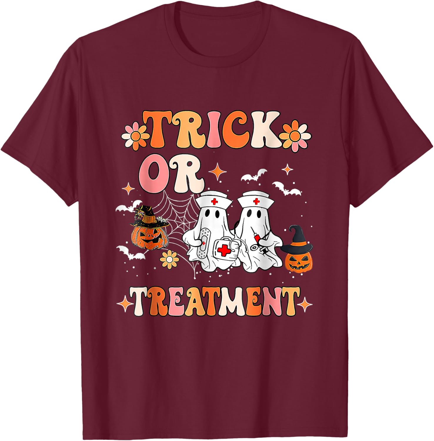 Trick Or Treatment Halloween Radiation Oncology Rad Therapy T-Shirt - T-Shirt | Maroon