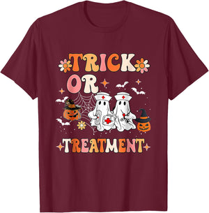 Trick Or Treatment Halloween Radiation Oncology Rad Therapy T-Shirt - T-Shirt | Maroon