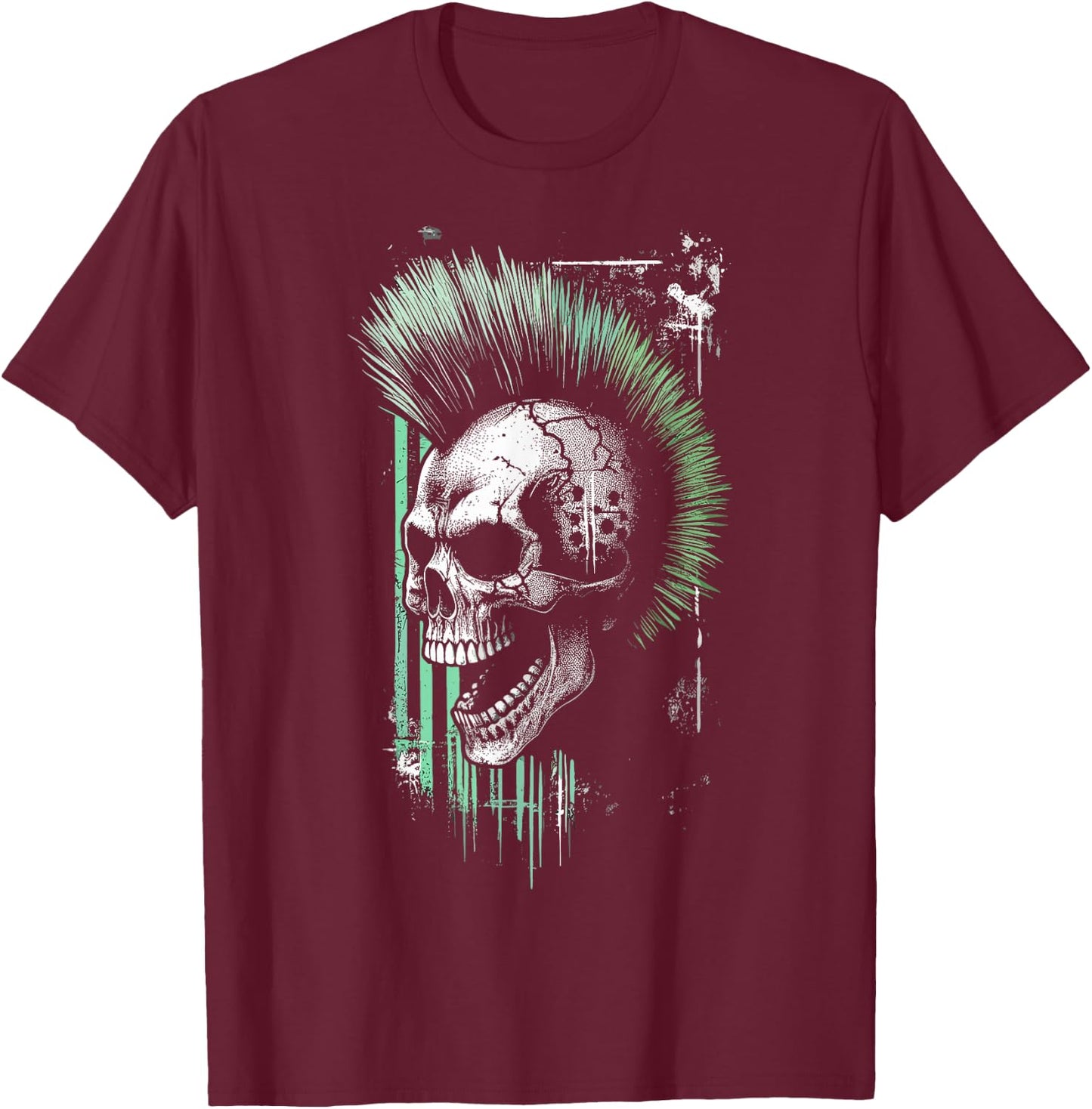 Vintage Graffiti Skull with Green Mohawk T-Shirt - T-Shirt | Maroon