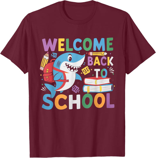 Welcome Back to School 2024-2025 Shark Funny Teacher T-Shirt - T-Shirt | Maroon