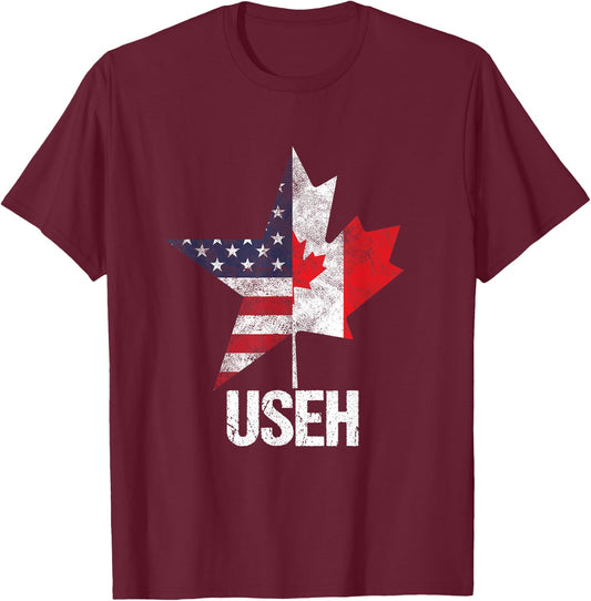 Half Canadian American USEH Canada USA Flag United States T-Shirt - T-Shirt | Maroon