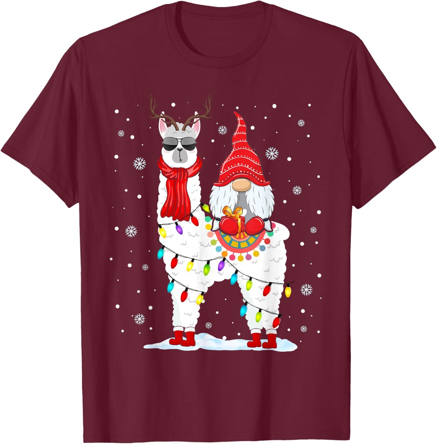 Santa Gnomes Riding Llama Reindeer Christmas Lights T-Shirt - T-Shirt | Maroon