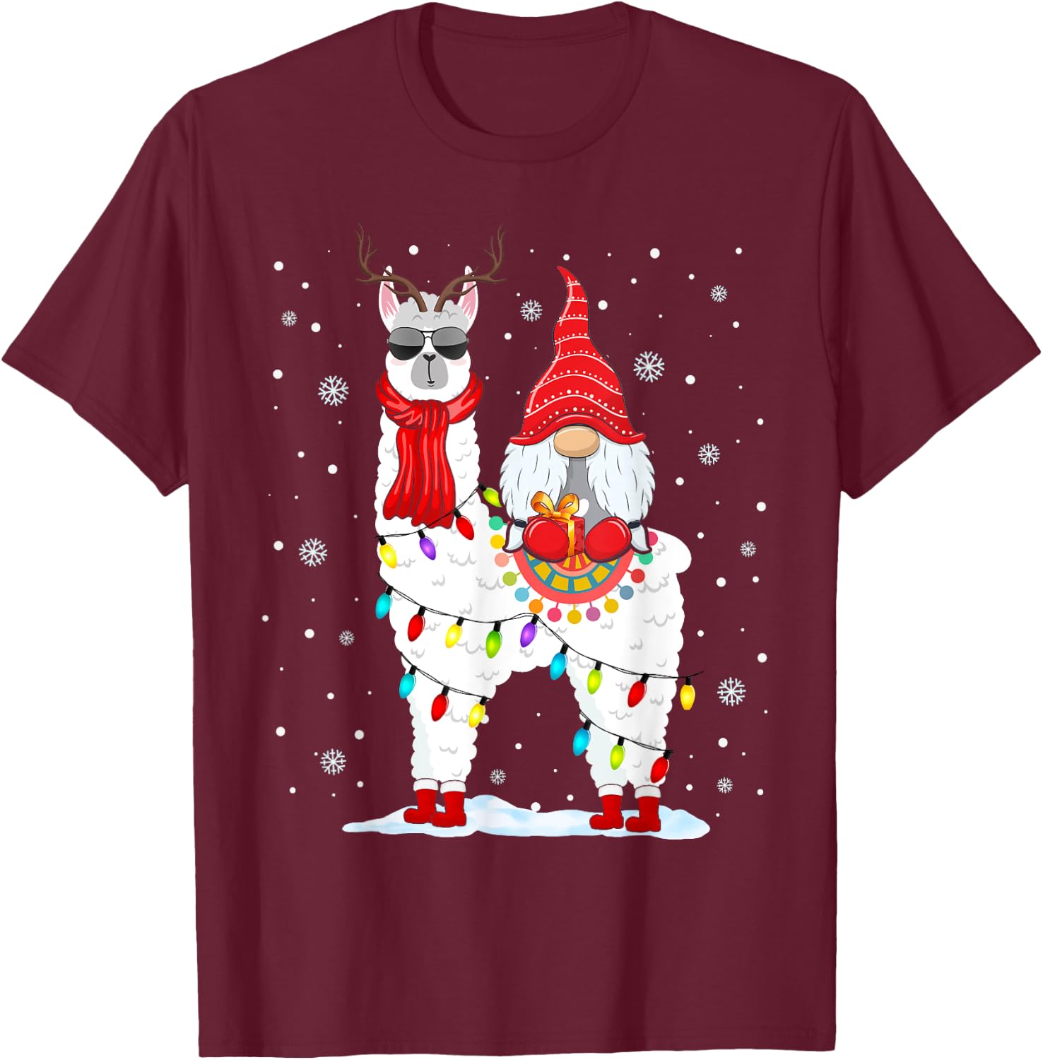 Santa Gnomes Riding Llama Reindeer Christmas Lights T-Shirt - T-Shirt | Maroon