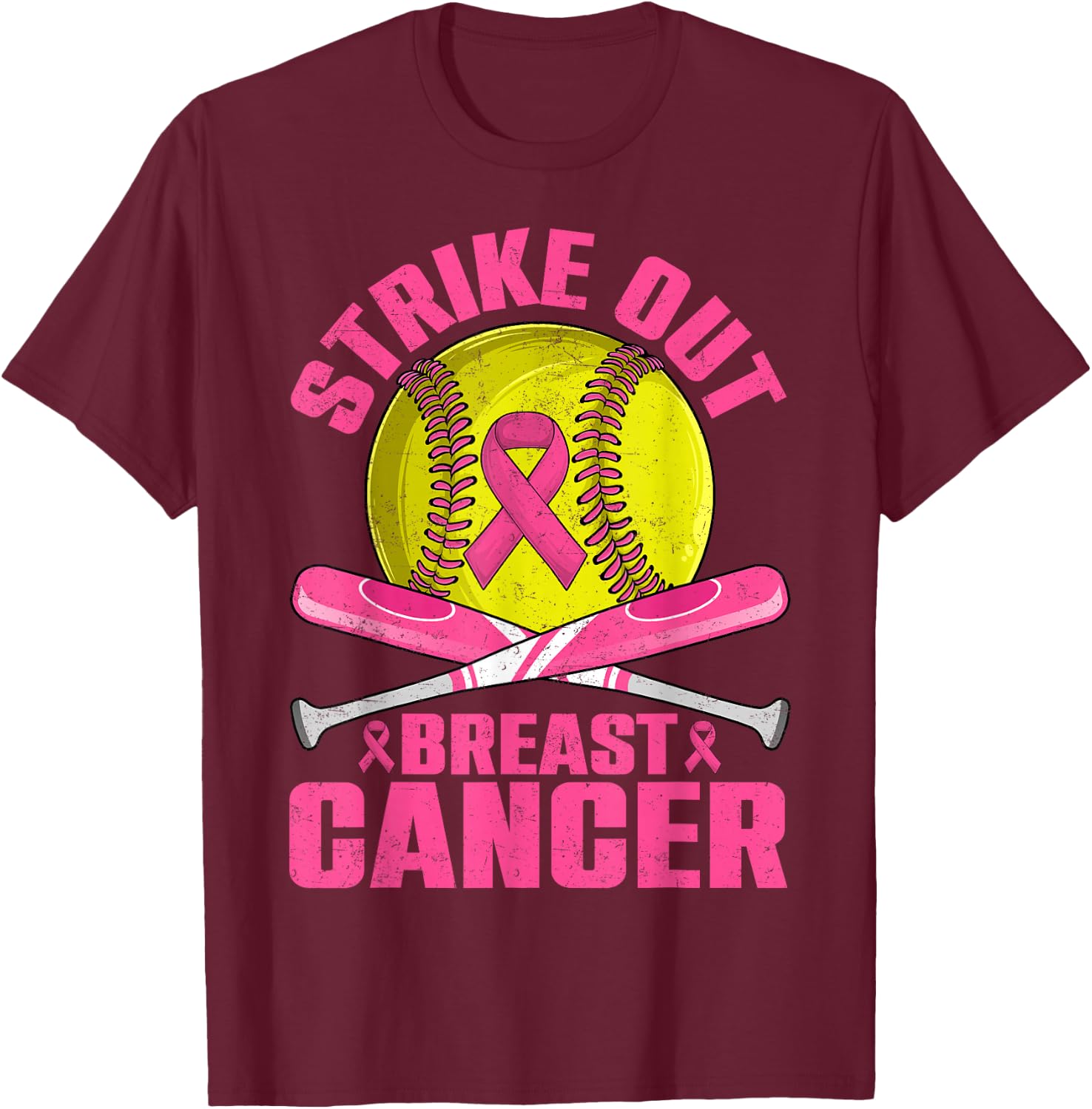 Strike Out Breast Cancer Softball Pink Ribbon Women Girls T-Shirt - T-Shirt | Maroon