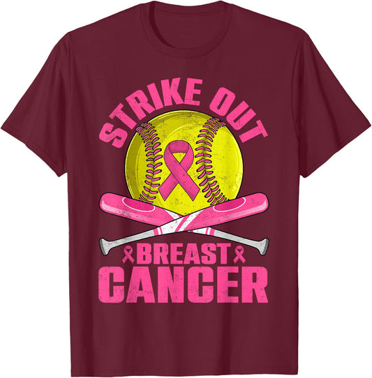 Strike Out Breast Cancer Softball Pink Ribbon Women Girls T-Shirt - T-Shirt | Maroon