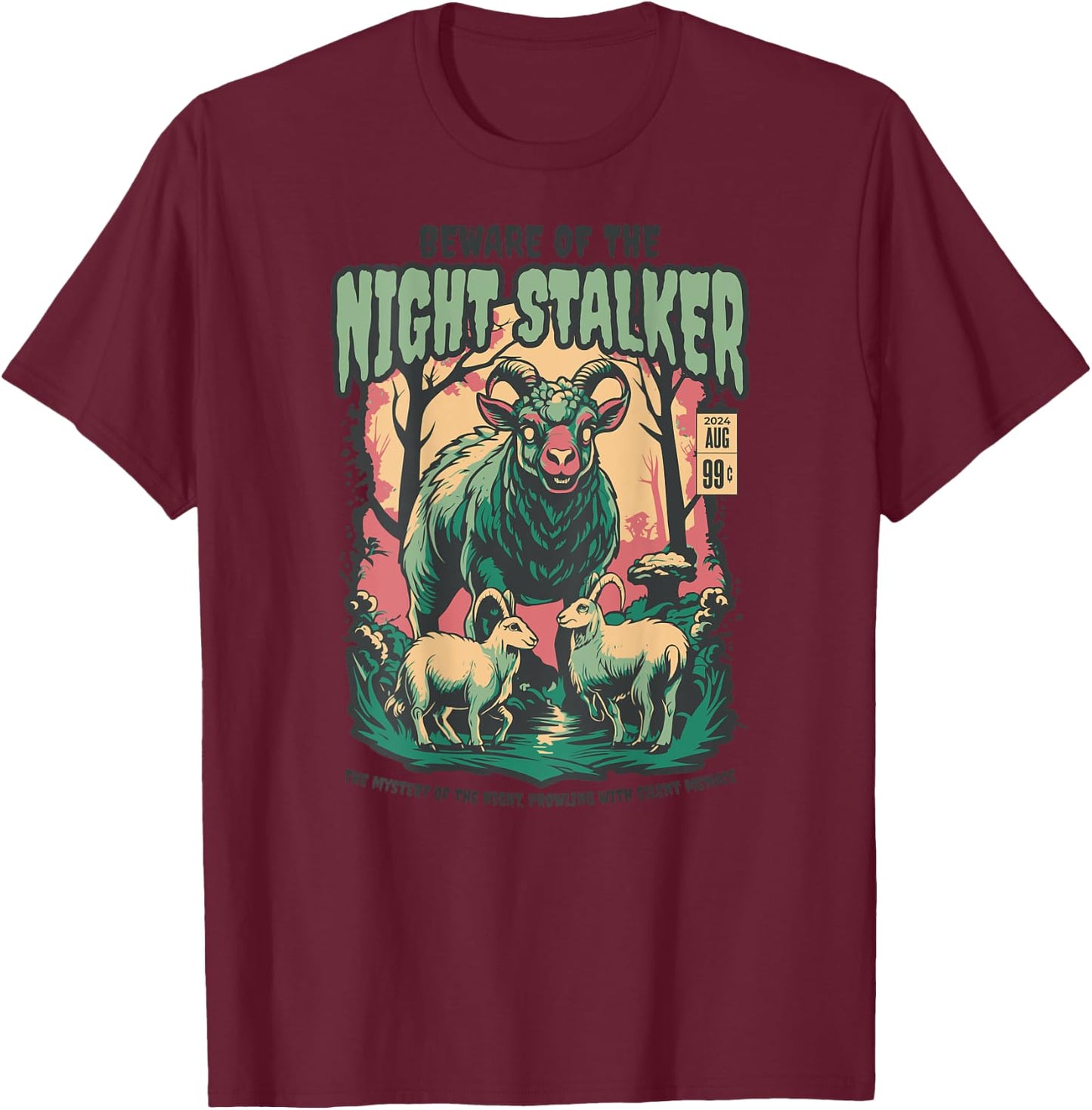 Night Stalker Goat Horror T-Shirt - T-Shirt | Maroon