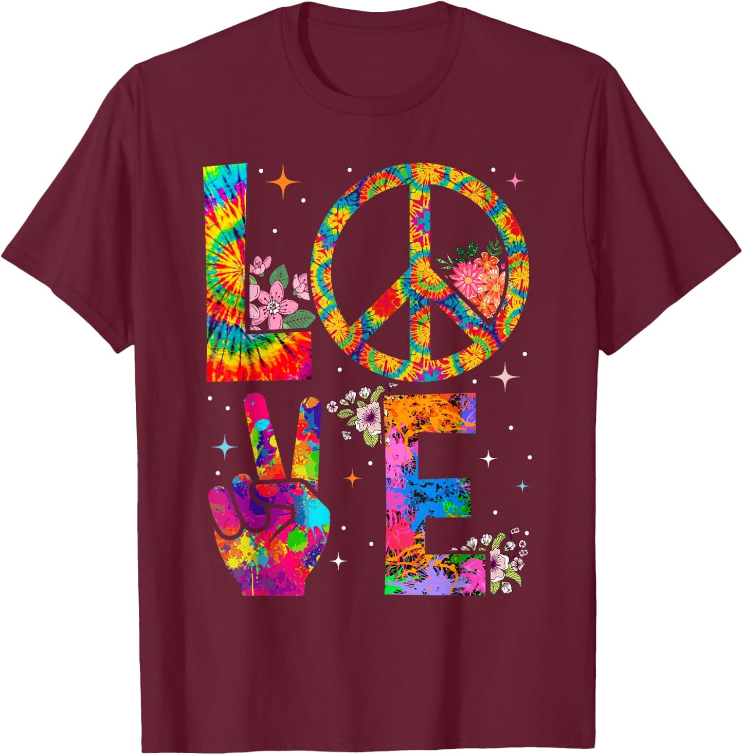 Peace Sign Love 60s 70s Tie Dye Hippie Costume T-Shirt - T-Shirt | Maroon