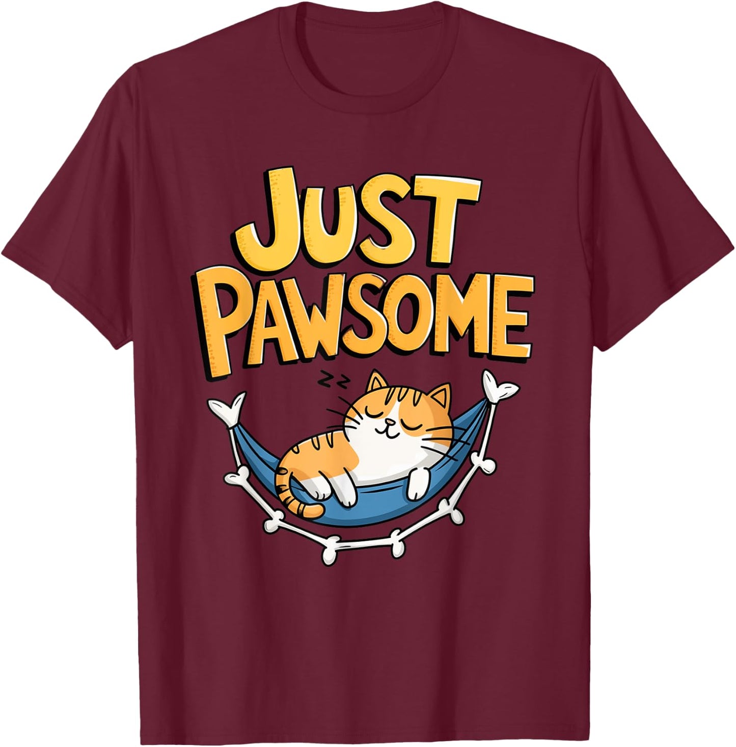Cartoon Cat Lounging in Hammock Pawsome T-Shirt - T-Shirt | Maroon