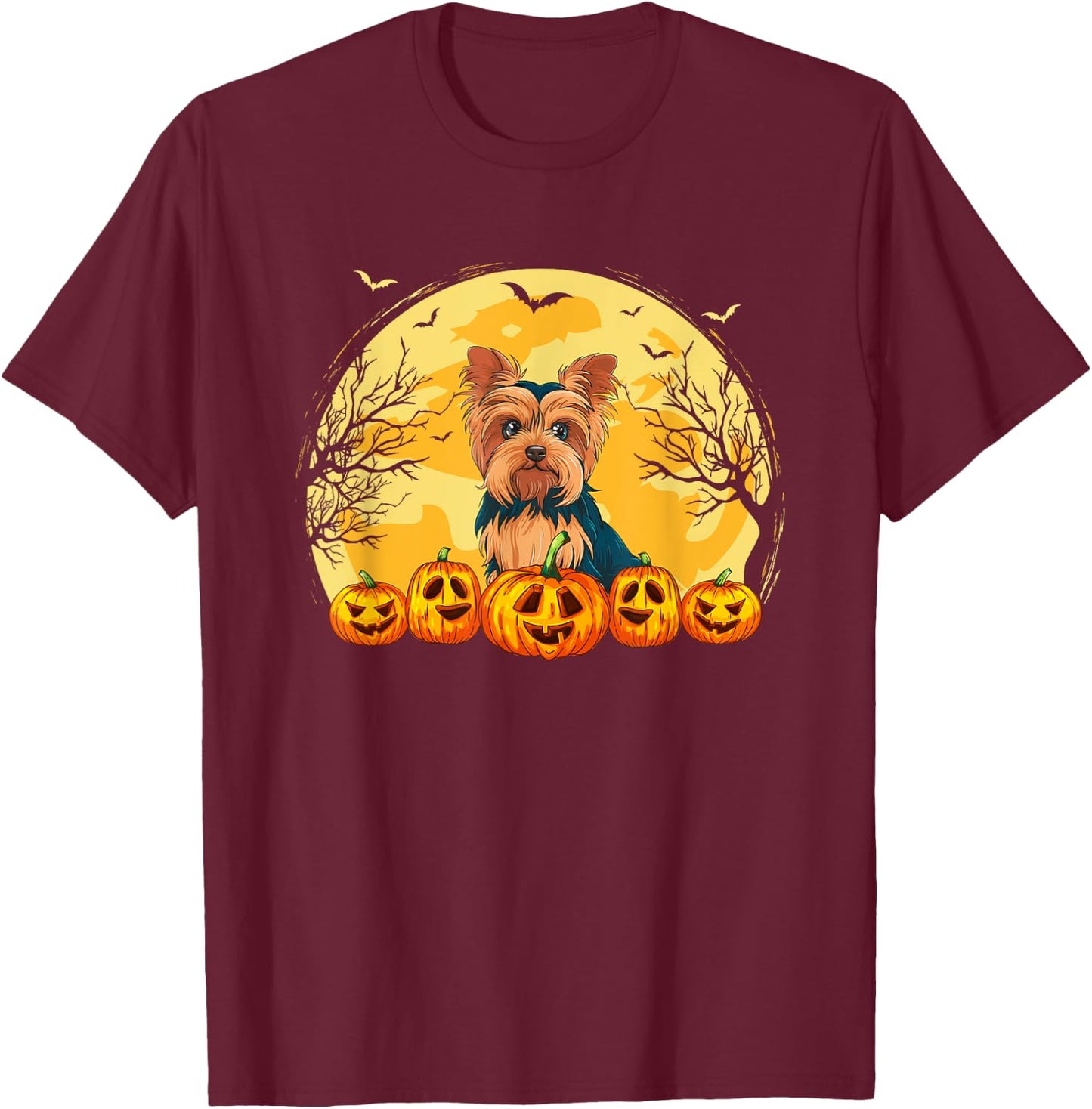 Funny Yorkie Dog Pumpkins Halloween Costume Men Women Kids T-Shirt - T-Shirt | Maroon