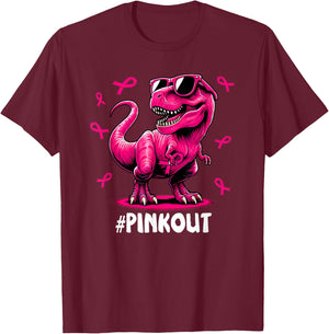 Pink Out Breast Cancer Dinosaur Ribbon Boy Girl Kid T-Shirt - T-Shirt | Maroon