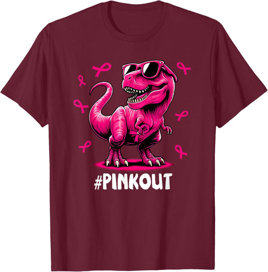 Pink Out Breast Cancer Dinosaur Ribbon Boy Girl Kid T-Shirt - T-Shirt | Maroon