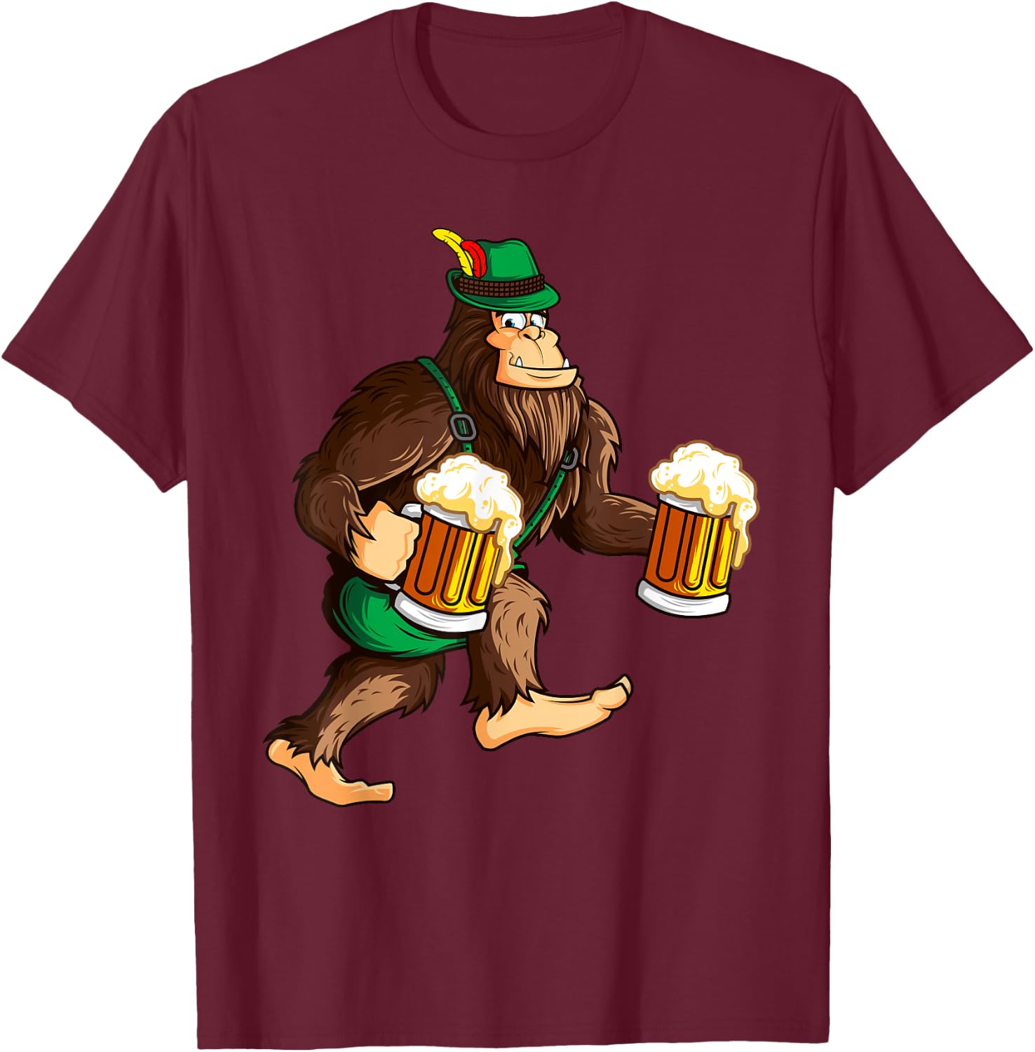 Funny Bigfoot Lederhosen Prost Beer Mug Beerfest Oktoberfest T-Shirt - T-Shirt | Maroon