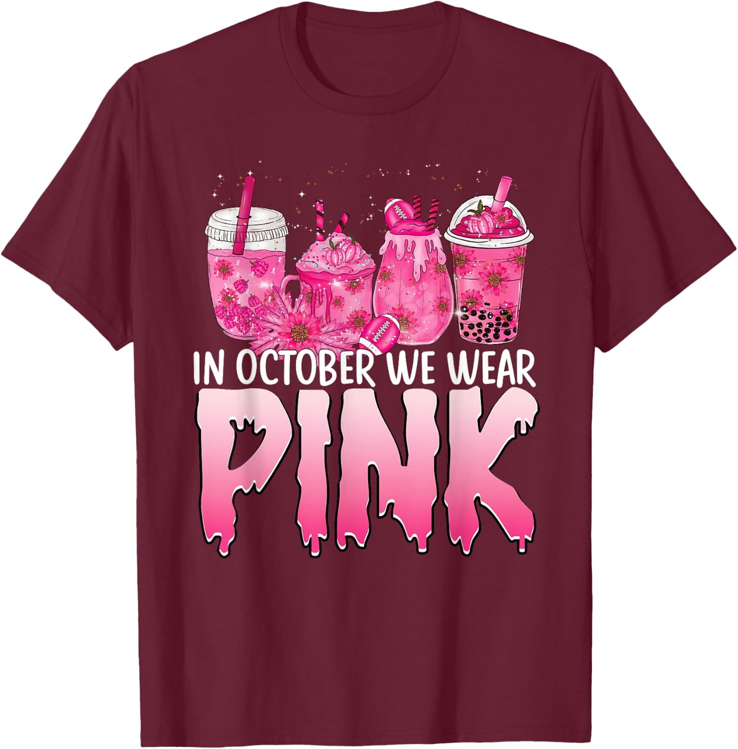 Breast Cancer Awareness Coffee Latte Fall Autumn Season 2022 T-Shirt - T-Shirt | Maroon