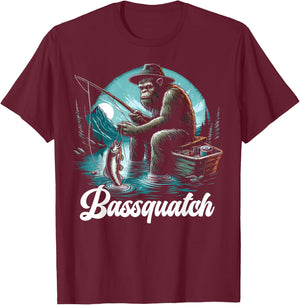 Bassquatch! Funny Bass Fishing Sasquatch Retro 80s Fisherman T-Shirt - T-Shirt | Maroon