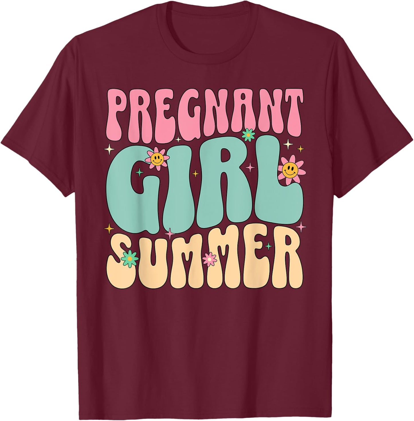Groovy Pregnancy Reveal Pregnant Girl Summer Baby Shower T-Shirt - T-Shirt | Maroon