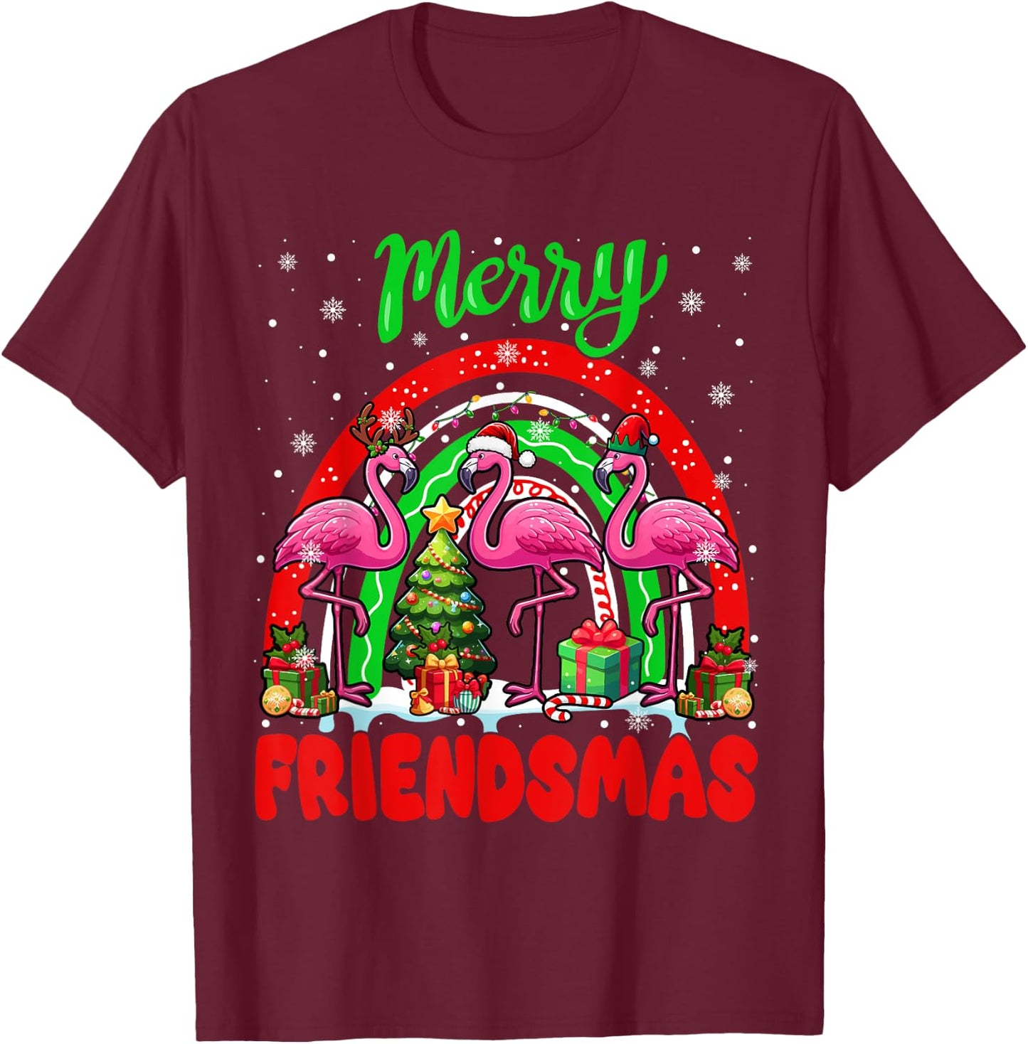 Merry Christmas Friends Three Santa Flamingos Rainbow T-Shirt - T-Shirt | Maroon