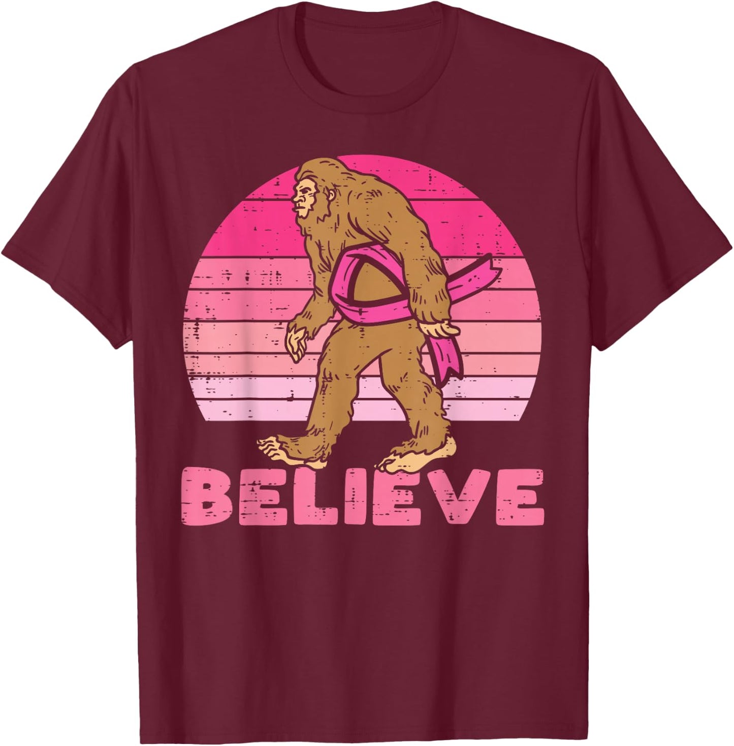 Bigfoot Sasquatch Ribbon Believe Breast Cancer Awareness T-Shirt - T-Shirt | Maroon
