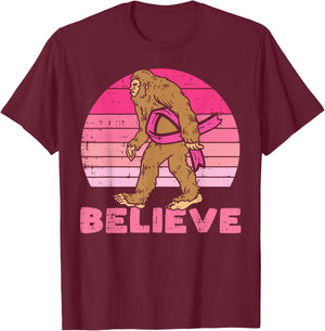 Bigfoot Sasquatch Ribbon Believe Breast Cancer Awareness T-Shirt - T-Shirt | Maroon