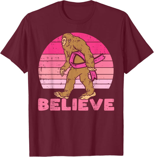 Bigfoot Sasquatch Ribbon Believe Breast Cancer Awareness T-Shirt - T-Shirt | Maroon