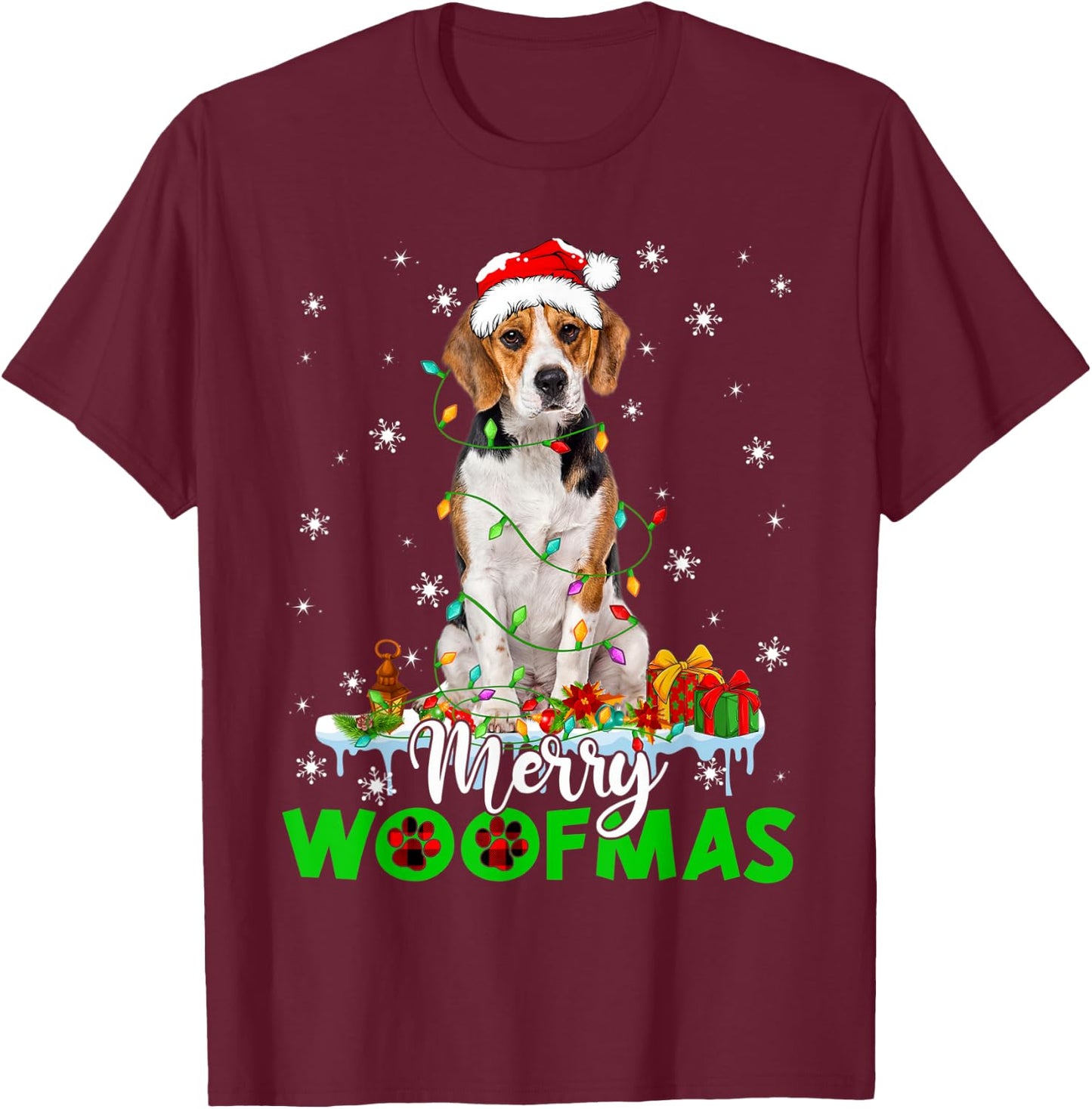 Beagle Dog Merry Woofmas Funny Xmas Lights Santa Hat T-Shirt - T-Shirt | Maroon
