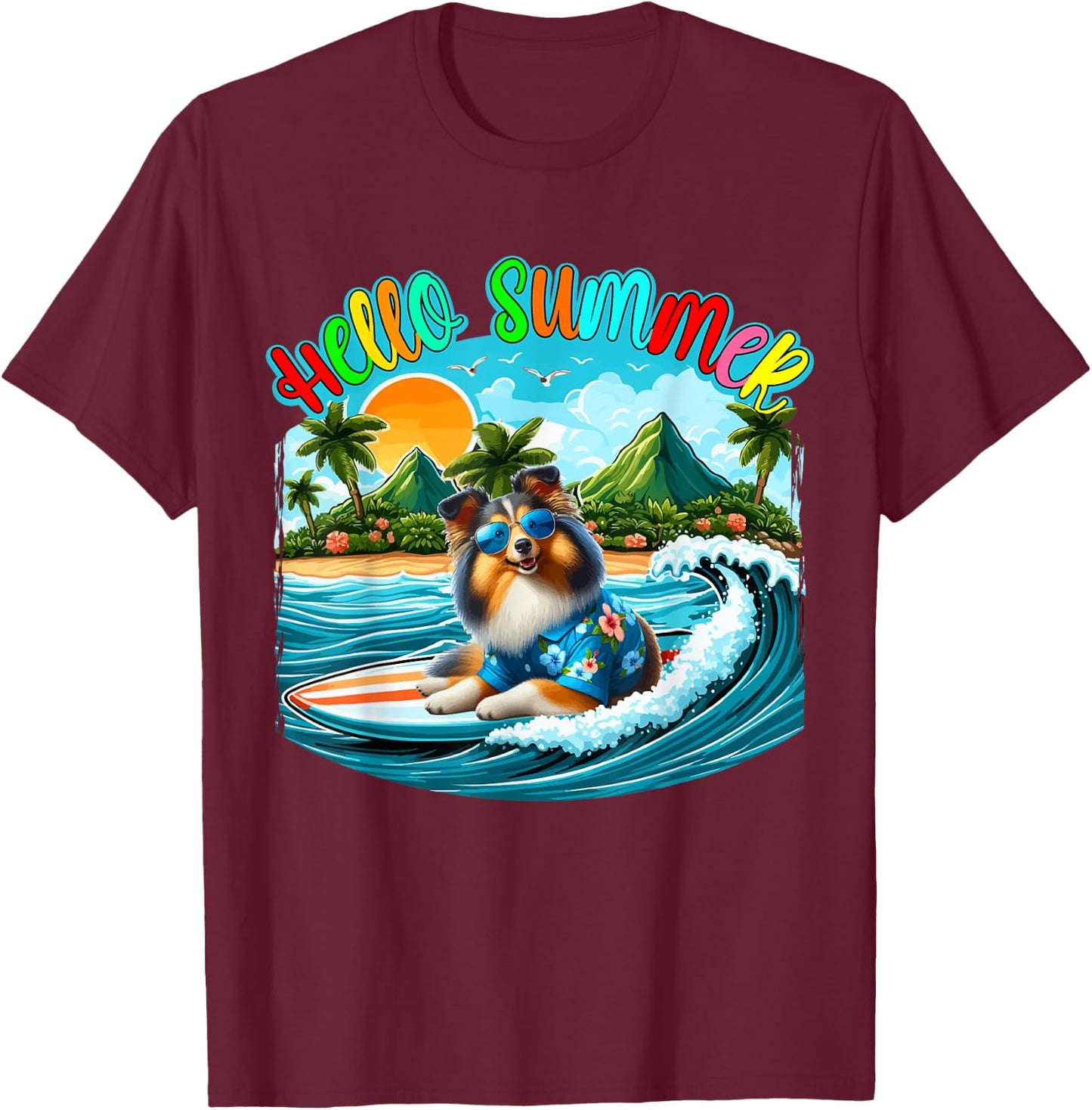 Summer Costume Sheltie Sunglasses Surfing On Beach Surfer Women Kids T-Shirt - T-Shirt | Maroon